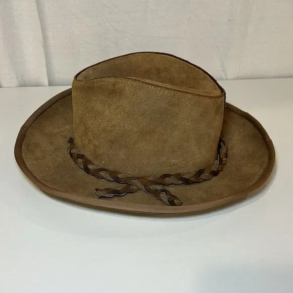 Vtg Henschel Skullys Braid Suede Hat LG Cowhide Leather Outback Bush USA Cowboy - Picture 2 of 8